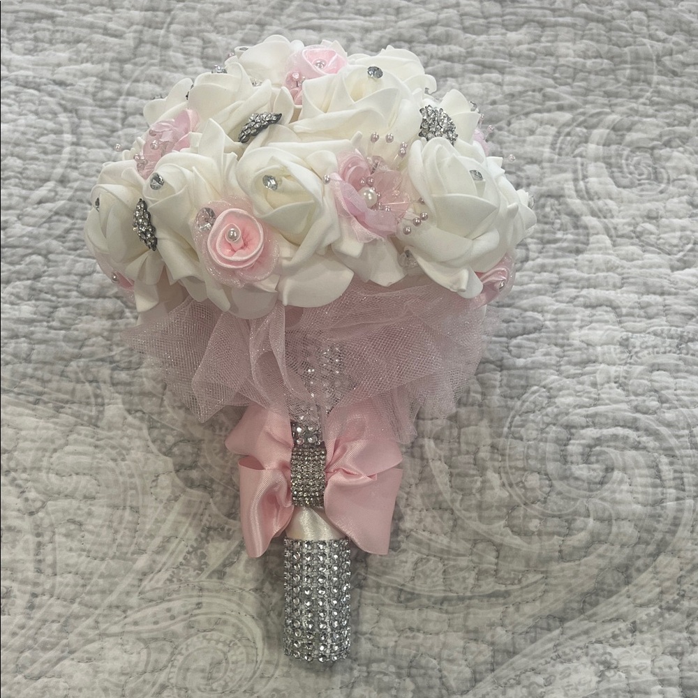 Elegant White and Pink Communion or Bridal Bouquet faux flowers - Gem accents-